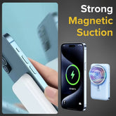 Power bank wirelessly charging an iPhone with magnetic snap-on alignment using MagSafe
